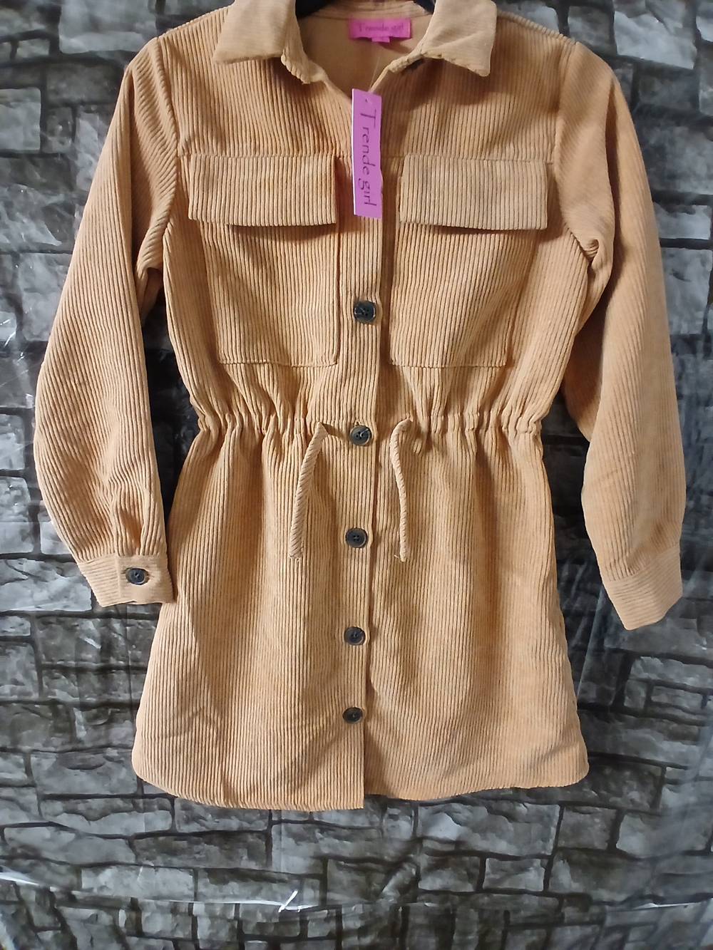 Kids Tan Corduroy Button-Front Trench Coat with Drawstring Waist